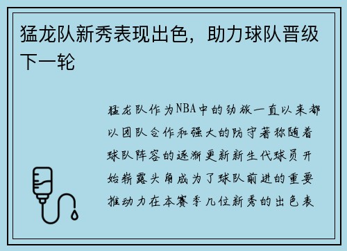 猛龙队新秀表现出色，助力球队晋级下一轮
